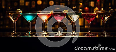 Transforming bokeh artisanal cocktails, stylish glassware, and lively bar atmosphere. Stock Photo