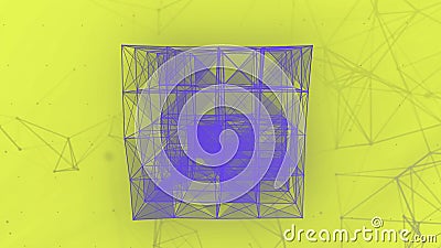 Transforming 3D cube silhouette from narrow lines and dots. Motion. Abstract geometric plexus figure on a colorful Stock Photo