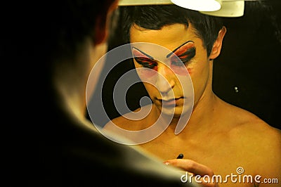 Transgender man, tabu concept image with man dressing up and putting make up Editorial Stock Photo