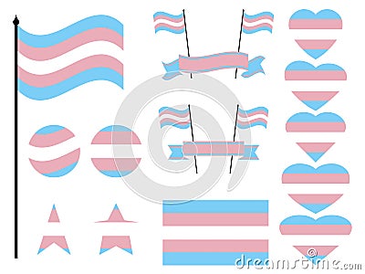 Transgender pride flag collection of symbols. Hearts, stars and circles with transgender flag. Sexual minorities. Design for Vector Illustration