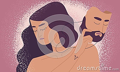 Transgender or transsexual woman holding mask with male face. Concept of person trying to define his or her own gender Vector Illustration