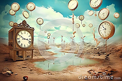 Transience of time. Background Surrealism in the style of Rene Magritte. Atmosphere of mysterious escapism, escape from Stock Photo