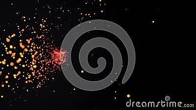 Transition of hot explosive particles. Abstract animation of flying particles from one source. Glowing glare in focus on Stock Photo