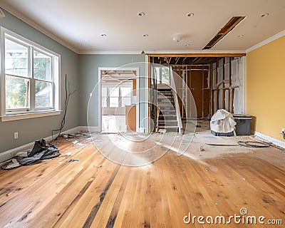 transition of the before and after of a house interior renovation. Cartoon Illustration