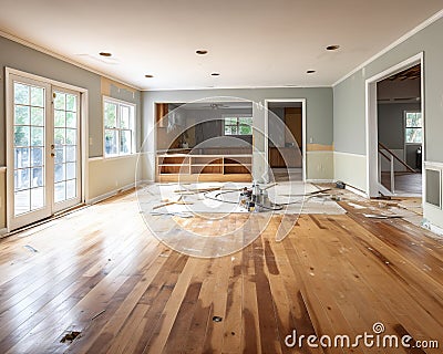 transition of the before and after of a house interior renovation. Cartoon Illustration