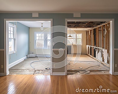 transition of the before and after of a house interior renovation. Cartoon Illustration