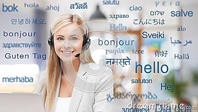 Woman in headset over words in foreign languages Stock Photo