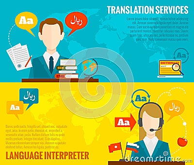 Translation and dictionary banners set flat Vector Illustration