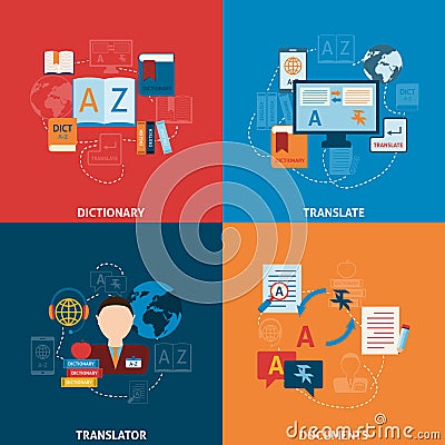 Translation and dictionary flat icons composition Vector Illustration