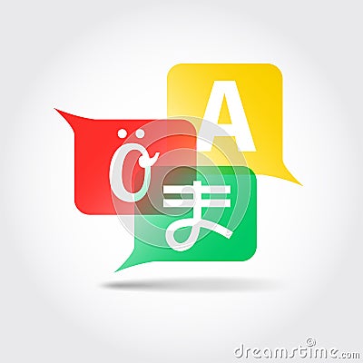 Translation icon. Speech bubbles with letters of foreign alphabet. Vector Illustration