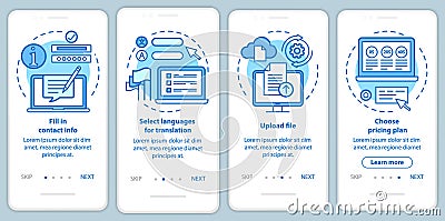 Translation service blue onboarding mobile app page screen with linear concepts. Upload file, choose pricing plan Vector Illustration