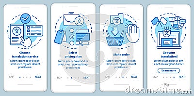 Translation service process blue onboarding mobile app page screen with linear concepts. Select pricing plan, make order Vector Illustration