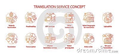 Translation service red concept icons set. Foreign language translation idea thin line illustrations. DTP services and Vector Illustration