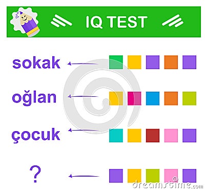 Translation of Turkish words into English: street boy, kid. IQ Test. What word should be instead of a question mark? Vector Illustration
