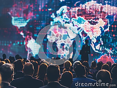 Translator with overlapping text in multiple languages over a global conference Stock Photo