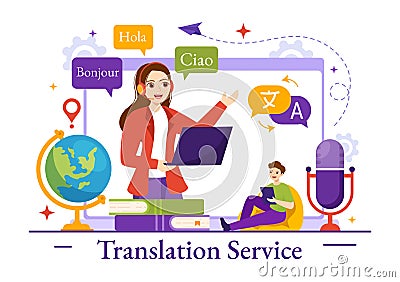 Translator Service Vector Illustration with Language Translation Various Countries and Multilanguage Using Dictionary Vector Illustration