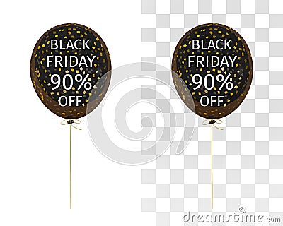 Translucent balloon with gold spangles with the inscription Black Friday 90 percent off Vector Illustration