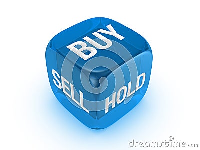 Translucent blue dice with buy, sell, hold sign Stock Photo