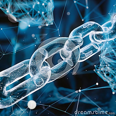 Digital realm with interconnected chains and blue mesh structures, highlighting significance Stock Photo