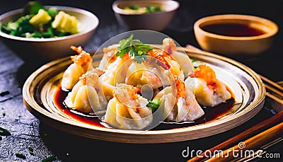 Translucent dumplings filled with succulent shrimp, often with bamboo shoots and water chestnuts. Stock Photo