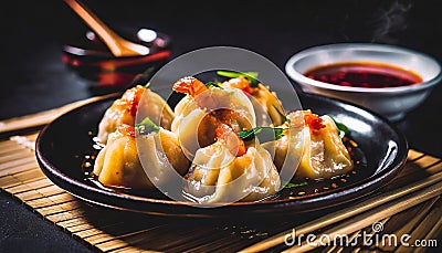 Translucent dumplings filled with succulent shrimp, often with bamboo shoots and water chestnuts. Stock Photo