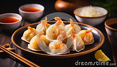 Translucent dumplings filled with succulent shrimp, often with bamboo shoots and water chestnuts. Stock Photo