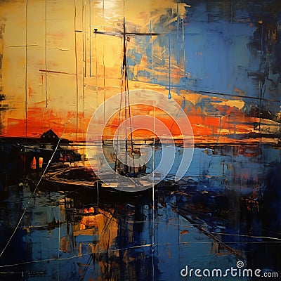 Translucent Expressionism: Ship Dock Oil Painting In Dark Orange And Blue Stock Photo