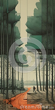 Translucent Geometries: A Dark Green And Gray Journey Through Desolate Landscapes Cartoon Illustration