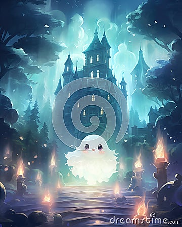 A translucent ghost in front of a castle, manga style Cartoon Illustration