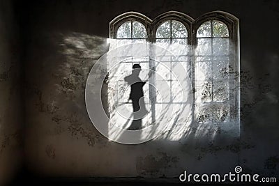 A translucent Ghost in the window of an old house, in the style of meticulous surrealism. Stock Photo