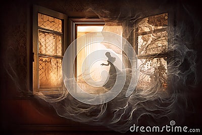 A translucent Ghost in the window of an old house, in the style of meticulous surrealism. Stock Photo