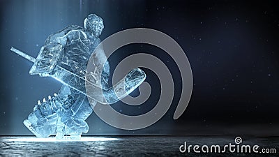 Translucent ise sculpture of ice hockey goalie in dinamic pose with dramatic light and dust particles in the air. hockey Editorial Stock Photo