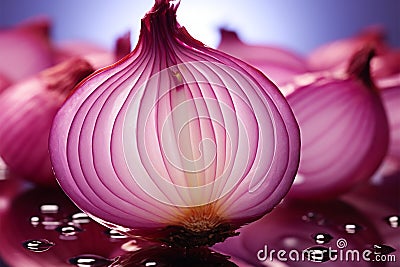 Translucent red onion layers artfully presented on a pink purple reflective surface Stock Photo