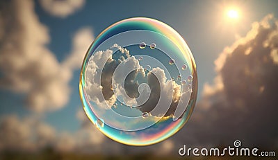 Translucent soap bubbles with light rainbow shining on sunny sky background Stock Photo