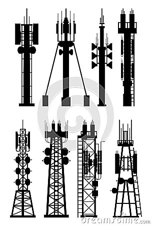 Transmission Cellular Tower Antenna Silhouette. Vector Illustration