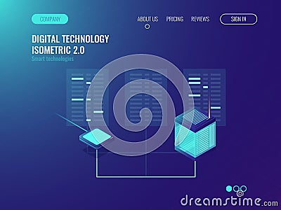 Transmission and decoding of information on a network, bigdata processing, server room, database and datacenter concept Vector Illustration