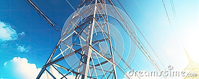 Transmission tower supporting overhead high-voltage power lines up close. generative ai Stock Photo