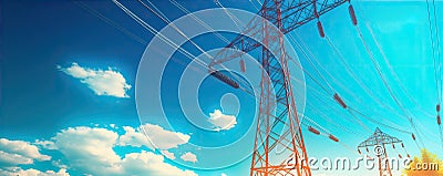 Transmission tower supporting overhead high-voltage power lines up close. generative ai Stock Photo