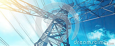 Transmission tower supporting overhead high-voltage power lines up close. generative ai Stock Photo