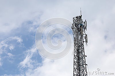 transmitter atop a cell phone pole About to be upgraded from 4g to 5g. High-risk electrical engineer job in Thailand Editorial Stock Photo