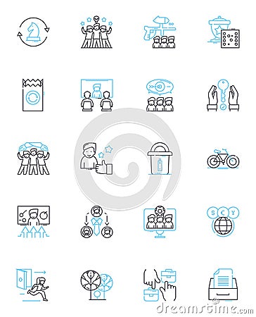 Transnational communication linear icons set. Globalization, Diaspora, Multilinguism, Interdependence, Connectivity Vector Illustration