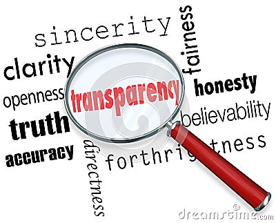 Transparency Word Magnifying Glass Sincerity Openness Clarity Stock Photo