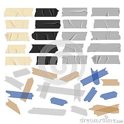 Transparent adhesive tapes. Scotch tape collection. Black white and colored strips with glue, old and black grunge paper Vector Illustration