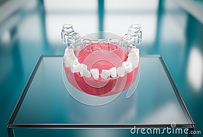 Transparent aligner orthodontic device above teeth cast Cartoon Illustration