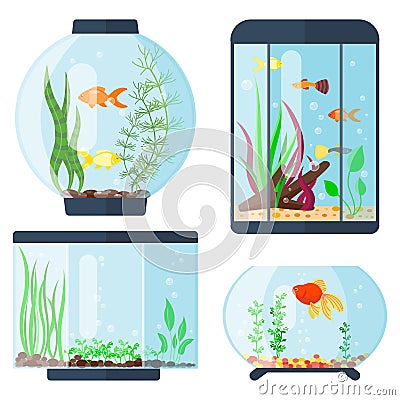 Transparent aquarium vector illustration habitat water tank house underwater fish tank bowl. Vector Illustration