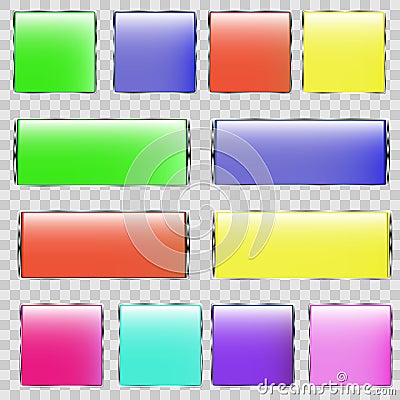 On a transparent background, eight square and four rectangular multi-colored buttons in a metal frame Vector Illustration