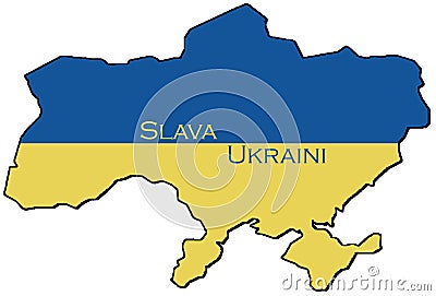 Transparent background. Ukraine country outline with colors of the blue and yellow flag and text Slava Ukraini Stock Photo