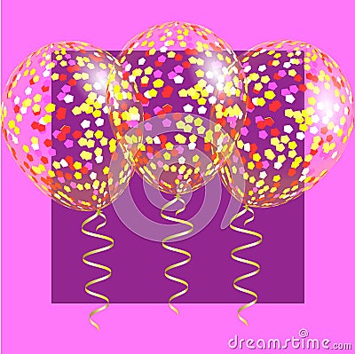 Transparent balloons with spangles, confetti and streamers Cartoon Illustration