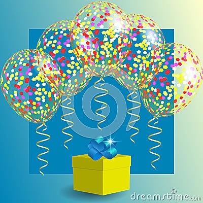 Transparent balloons with spangles, confetti and streamers and gift box. Cartoon Illustration