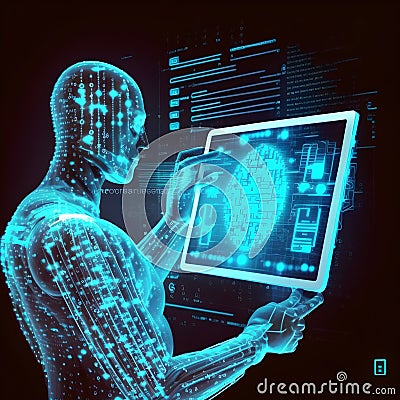 Transparent bioluminal AI fake person watching a tablet and orange on a dark background Stock Photo